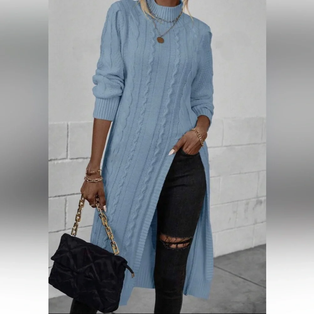 Luxe gray high neck cable knit slit thigh sweater top